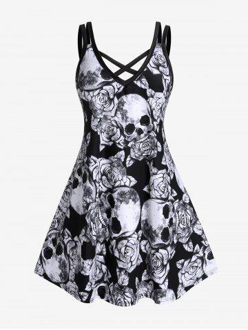 Plus Size & Curve Skull Rose Print Crisscross Gothic Dress - BLACK - 4X | US 26-28