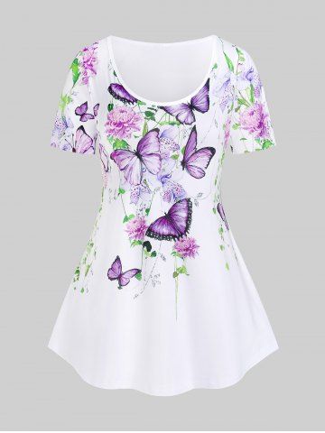 Camiseta de Manga Corta con Estampado de Flores y Mariposas en Talla Extra - WHITE - L | US 12