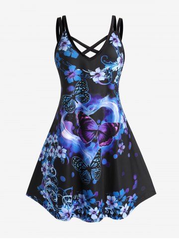 Plus Size 3D Butterfly Floral Crisscross A Line Sleeveless Dress - BLACK - S | US 8