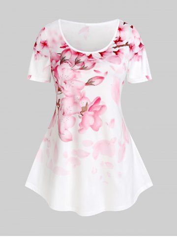Camiseta con Estampado de Flores de Ciruelo de Talla Extra con Escote Pronunciado en Espalda - WHITE - 2X | US 18-20