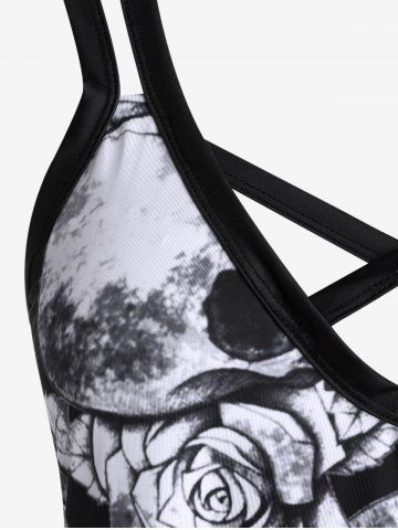 Plus Size & Curve Skull Rose Print Crisscross Gothic Dress