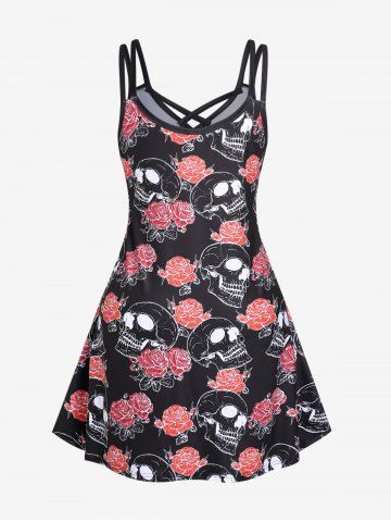 Plus Size Gothic Rose Skulls Crisscross Sleeveless A Line Dress