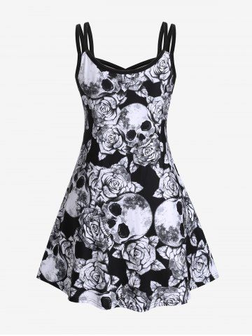 Plus Size & Curve Skull Rose Print Crisscross Gothic Dress