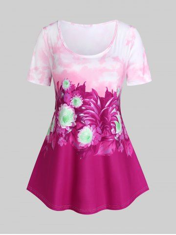 Plus Size Flower Tie Dye Short Sleeves T Shirt - RED - L | US 12