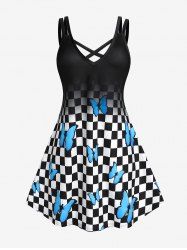 Plus Size Butterfly Checkerboard Crisscross A Line Sleeveless Dress -  