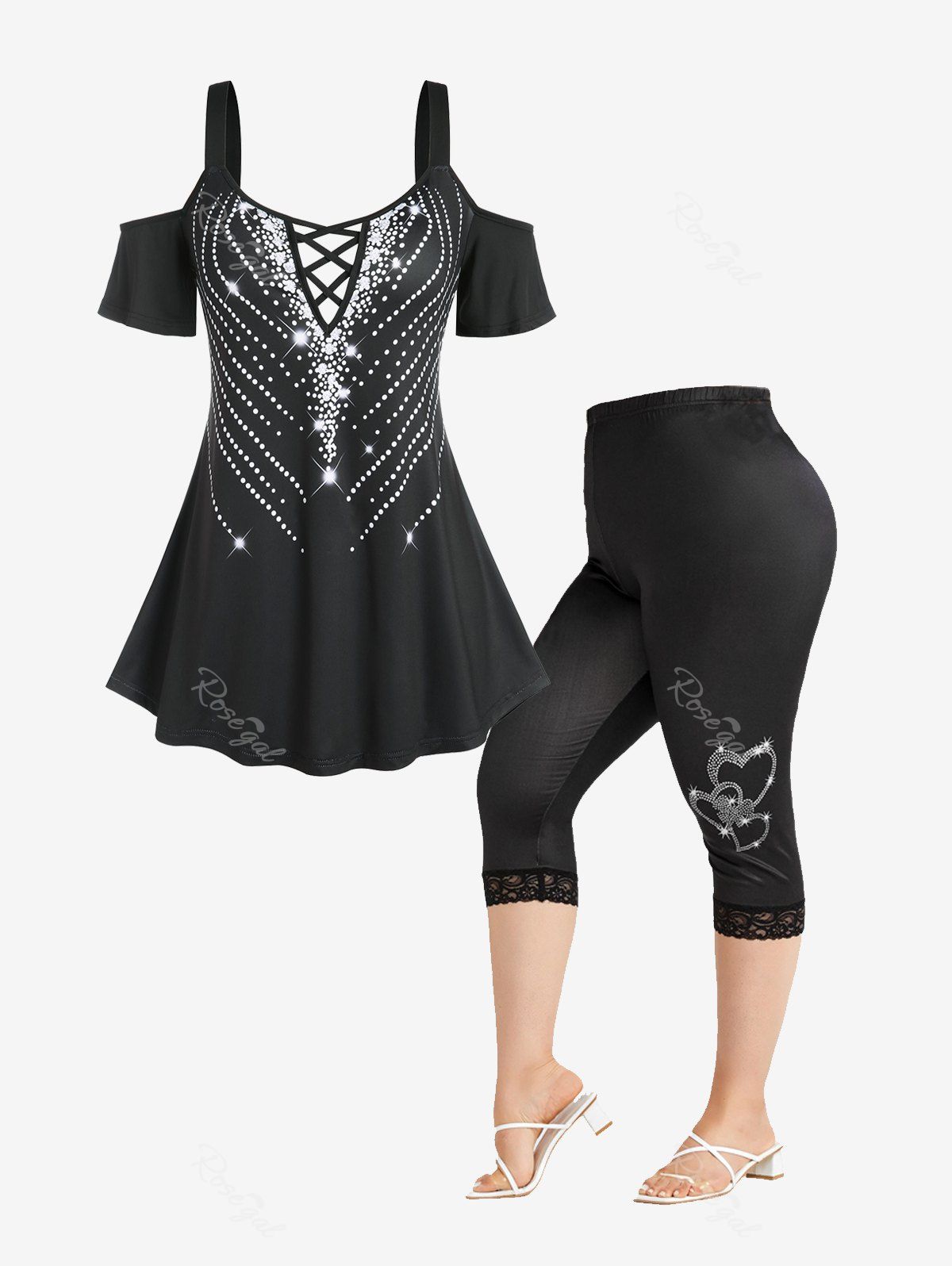 Chic Cold Shoulder Criss Cross Sparkly Tee and Heart Print Lace Hem Leggings Plus Size Summer Outfit  