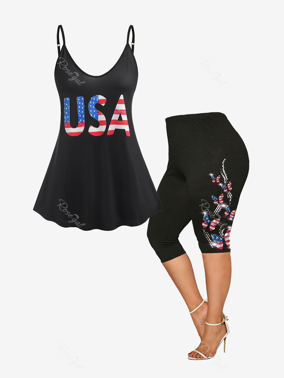 Latest American Flag USA Print Tank Top and Butterfly American Flag Capri Leggings Plus Size Summer Outfit  