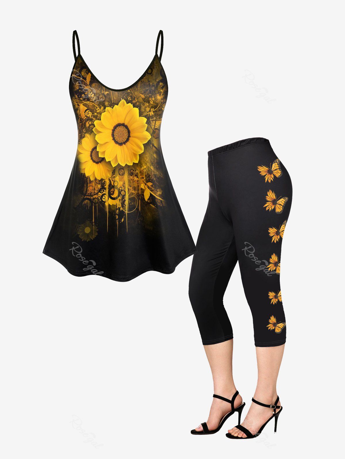 Affordable Sunflower Cami Top and Butterfly Legging Plus Size Summer Outfit  