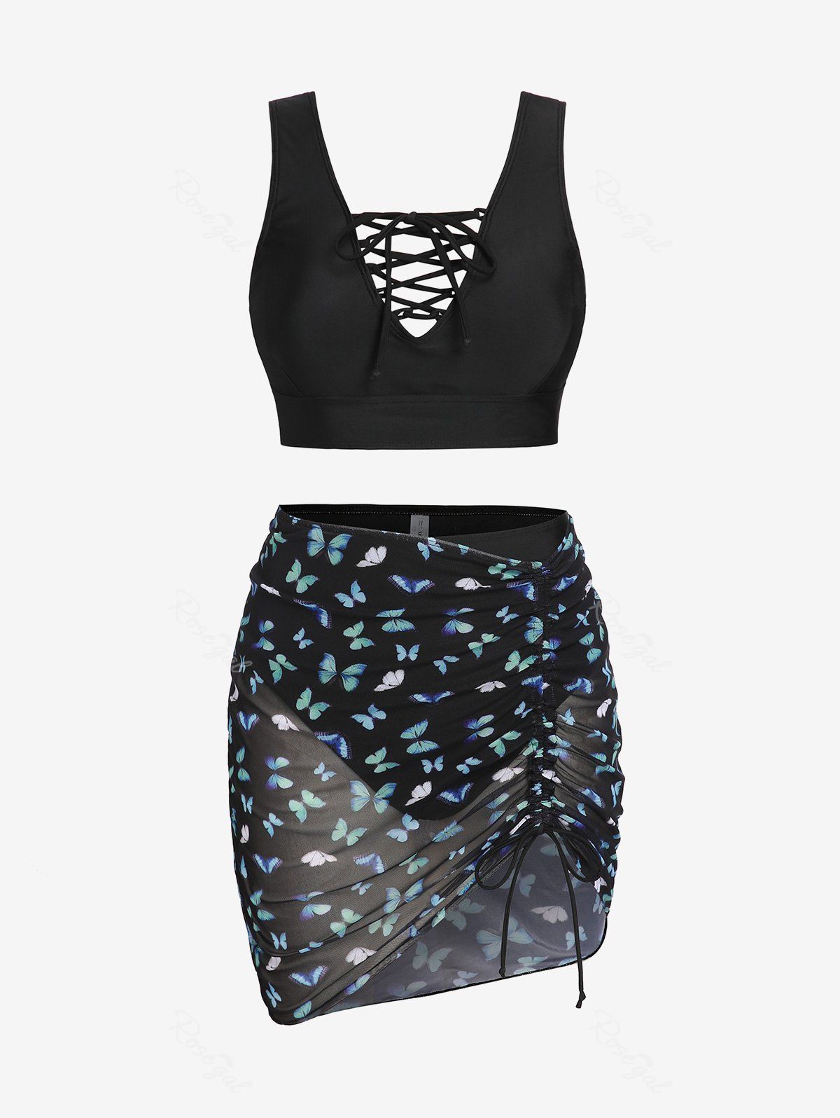 Sale Plus Size & Curve Butterfly Lace Up High Waist Longline Three Piece Bikini Swimsuit  