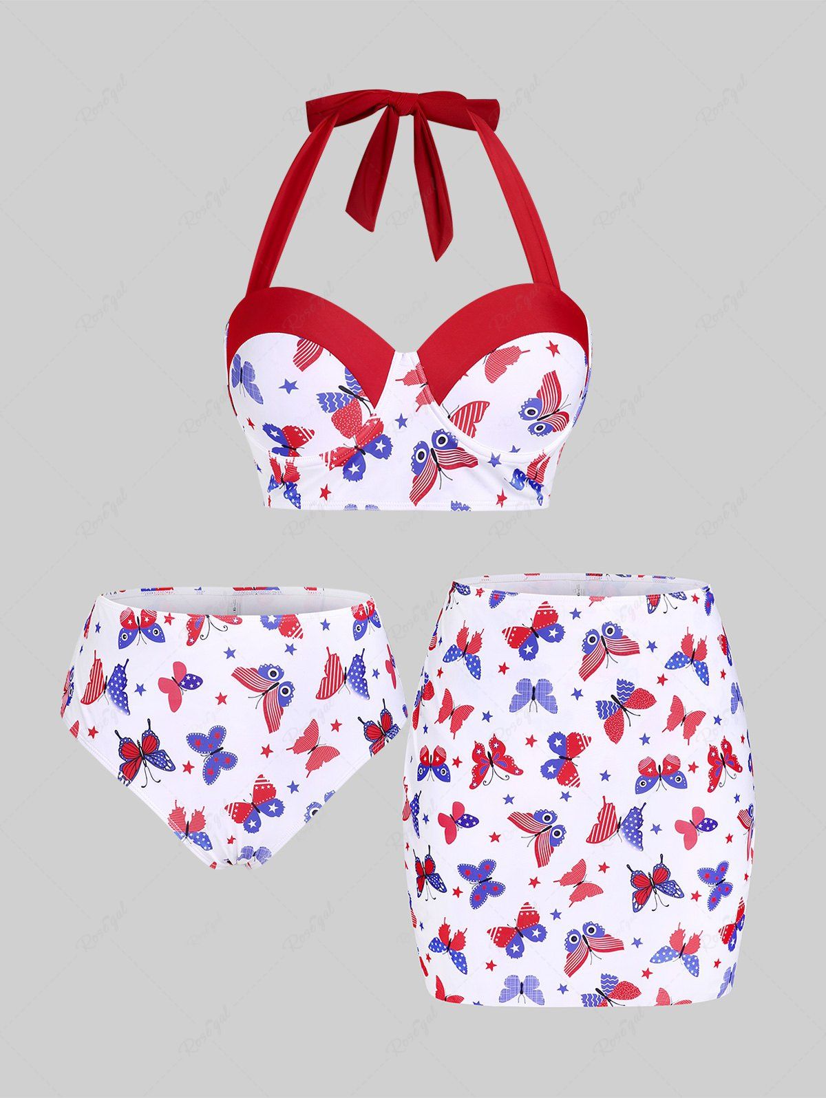 Unique Plus Size & Curve Underwire American Flag Butterfly Print Patriotic Three Piece Bikini Swimsuit  