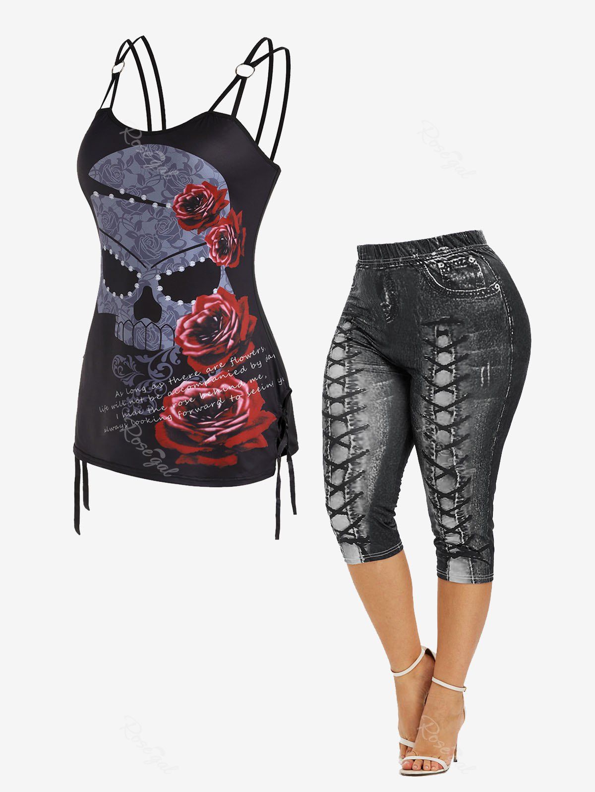 Outfits Skull Rose Print Lace Up Gothic Tank Top and 3D Lace Up Jean Print Cropped Leggings Plus Size & Curve Summer Outfit  