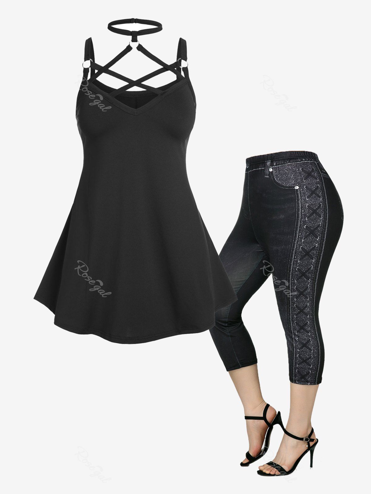 Shops Gothic Strappy O Ring Choker Tank Top and Capri Leggings Plus Size Summer Outfit  