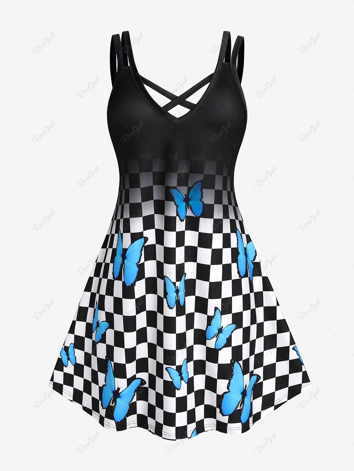 Sale Plus Size Butterfly Checkerboard Crisscross A Line Sleeveless Dress  
