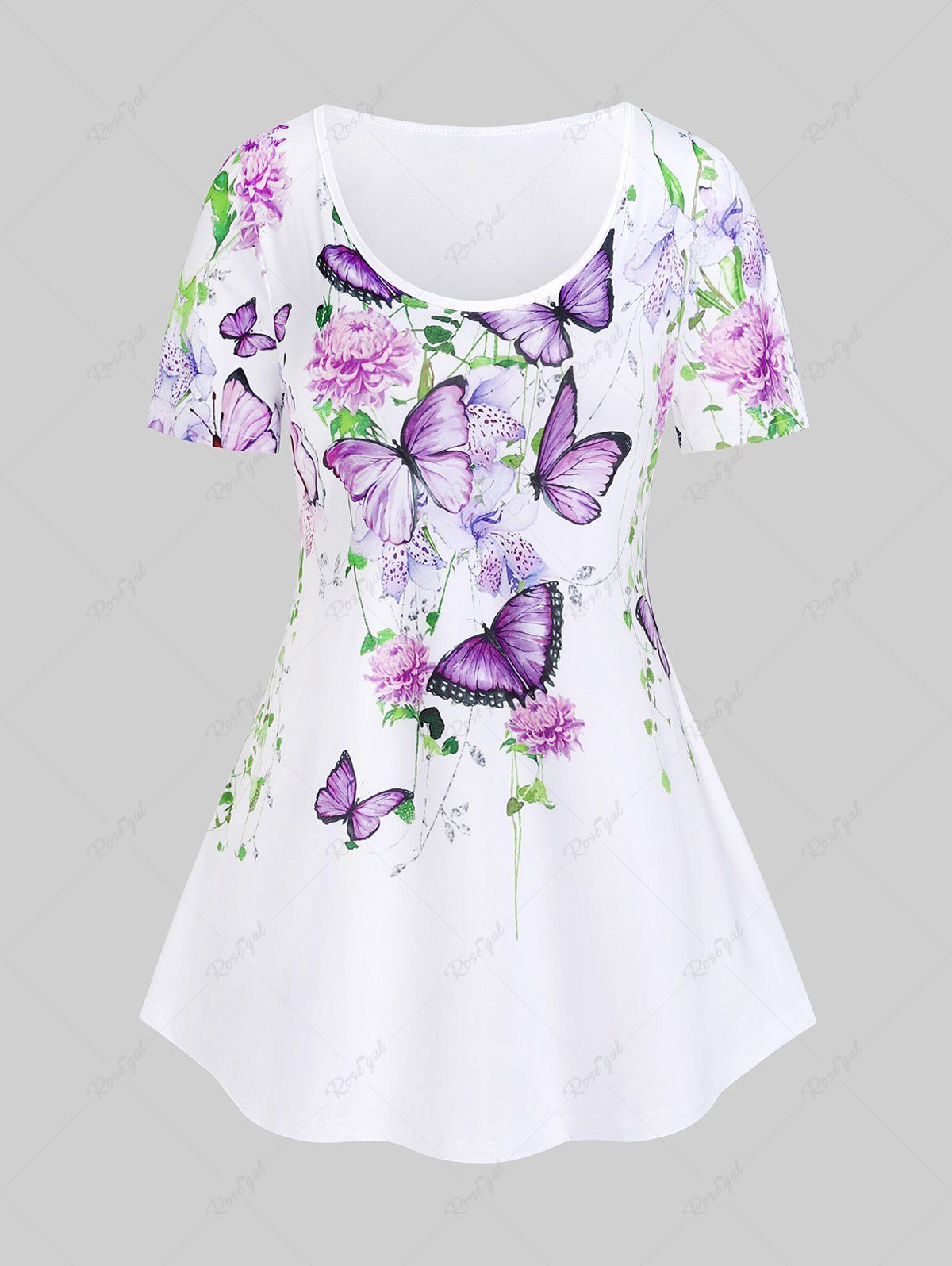 T-shirt de Grande Taille à Manches Courtes Papillon Floral de Cottagecore Blanc 5x | US 30-32