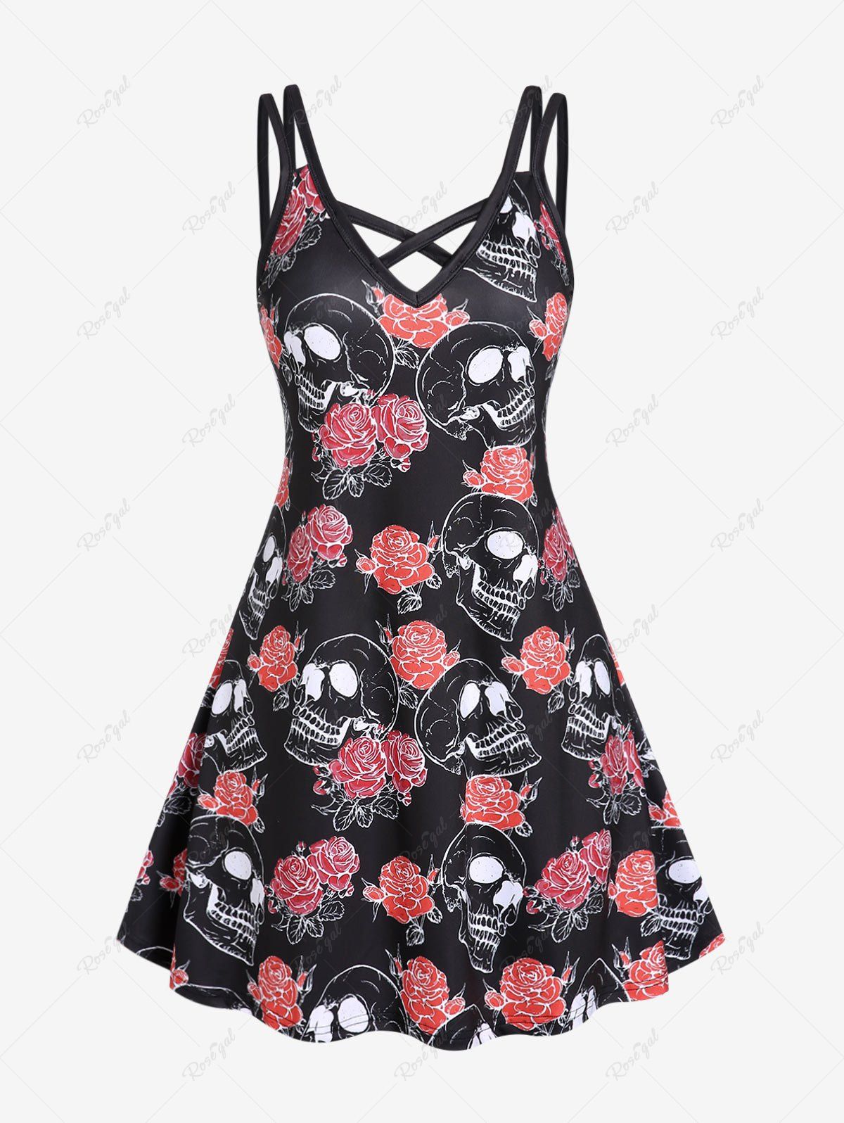 Affordable Plus Size Gothic Rose Skulls Crisscross Sleeveless A Line Dress  