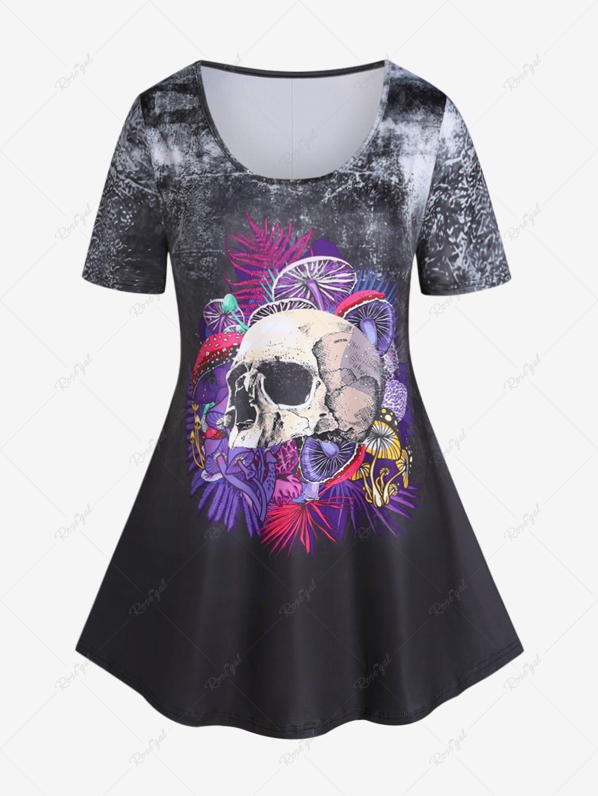 T-shirt Gothique à Imprimé Crâne et Champignon de Grande Taille Noir 4X | US 26-28