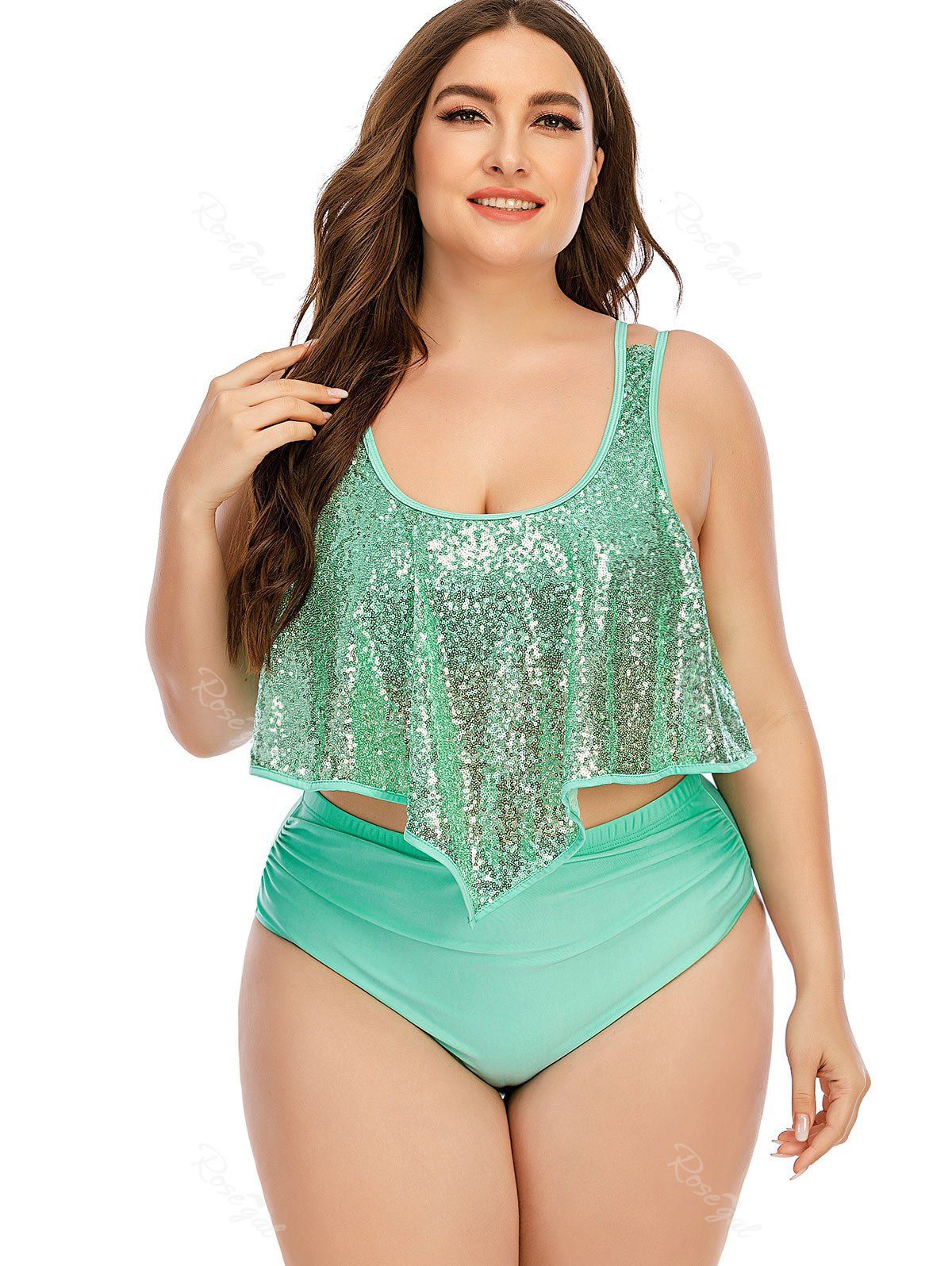Hot Plus Size & Curve Sequin Ruffle Overlay High Waist Tankini Swimsuit  