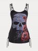 Skull Rose Print Lace Up Gothic Tank Top and 3D Lace Up Jean Print Cropped Leggings Plus Size & Curve Summer Outfit -  