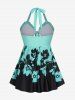 Plus Size Ruffles Floral Bowkont Padded Two Tone Halter Tankini Swimsuit -  