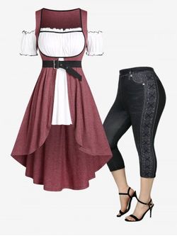 Gothic Cold Shoulder High Low 2 In 1 Tee and Capri Leggings Plus Size Summer Outfit - DEEP RED