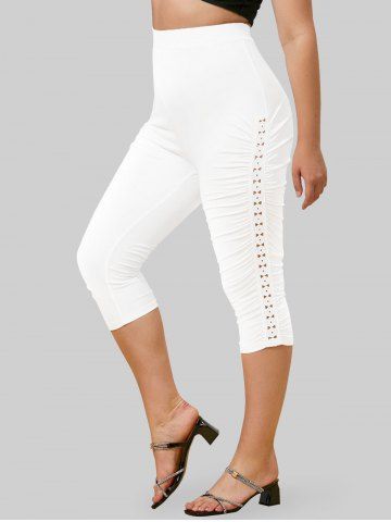 Plus Size Hollow Out Cinched Casual Capri Leggings - WHITE - 2X