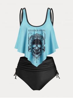 Plus Size & Curve Gothic Skull Print Ruffled Overlay Tankini Swimwear - DEEP GREEN - 2X
