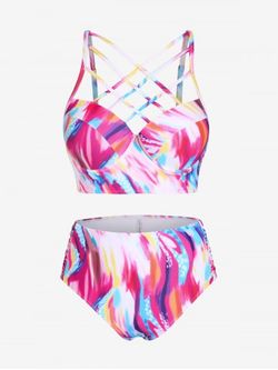 Plus Size & Curve Underwire Crisscross Swirl Print High Waist Longline Bikini Swimsuit - LIGHT PINK - L