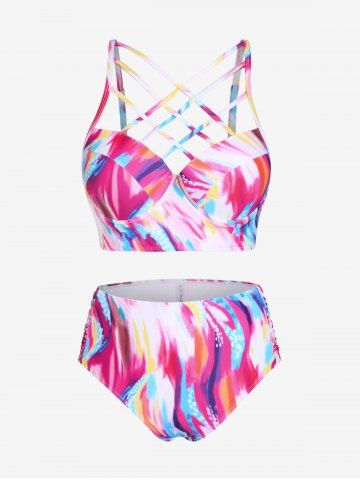 Plus Size & Curve Underwire Crisscross Swirl Print High Waist Longline Bikini Swimsuit