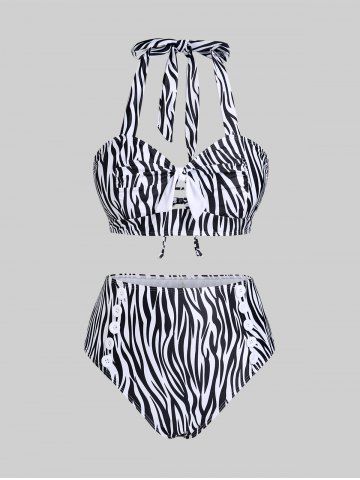Plus Szie Padded Zebra Stripe Cutout Bowkont Lace Up Bikini Swimsuit - BLACK - 1X