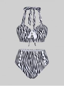 Plus Szie Padded Zebra Stripe Cutout Bowkont Lace Up Bikini Swimsuit - BLACK - 2X