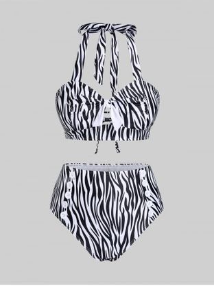 Plus Szie Padded Zebra Stripe Cutout Bowkont Lace Up Bikini Swimsuit