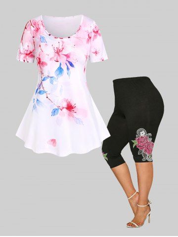Cottagecore Floral Tee and Capri Leggings Plus Size Summer Outfit - WHITE