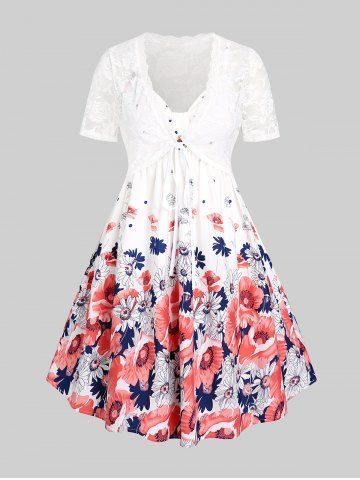 Plus Size Cottagecore Floral A Line Sundress with Tie Lace Crop Top - WHITE - 1X | US 14-16