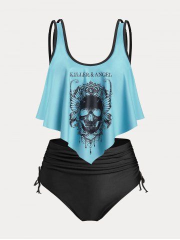 Plus Size & Curve Gothic Skull Print Ruffled Overlay Tankini Swimwear