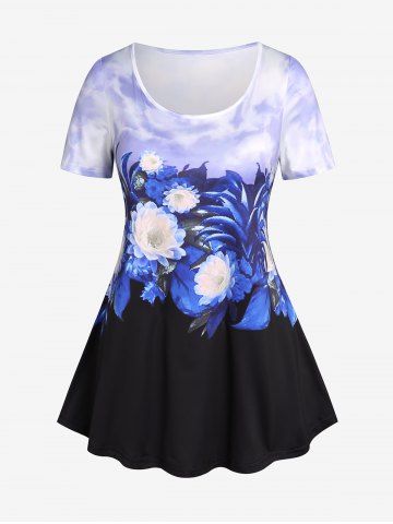 Plus Size Flower Printed Colorblock Short Sleeves T Shirt - PURPLE - 1X | US 14-16