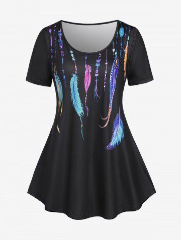 Plus Size Feathers Printed Short Sleeves Tee - BLACK - 5X | US 30-32