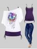 Skew Neck Butterfly Print Tee and Cinched Tank Top Set & Skinny Leggings Plus Size Summer Outfit -  