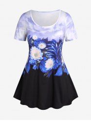 Plus Size Flower Printed Colorblock Short Sleeves T Shirt -  