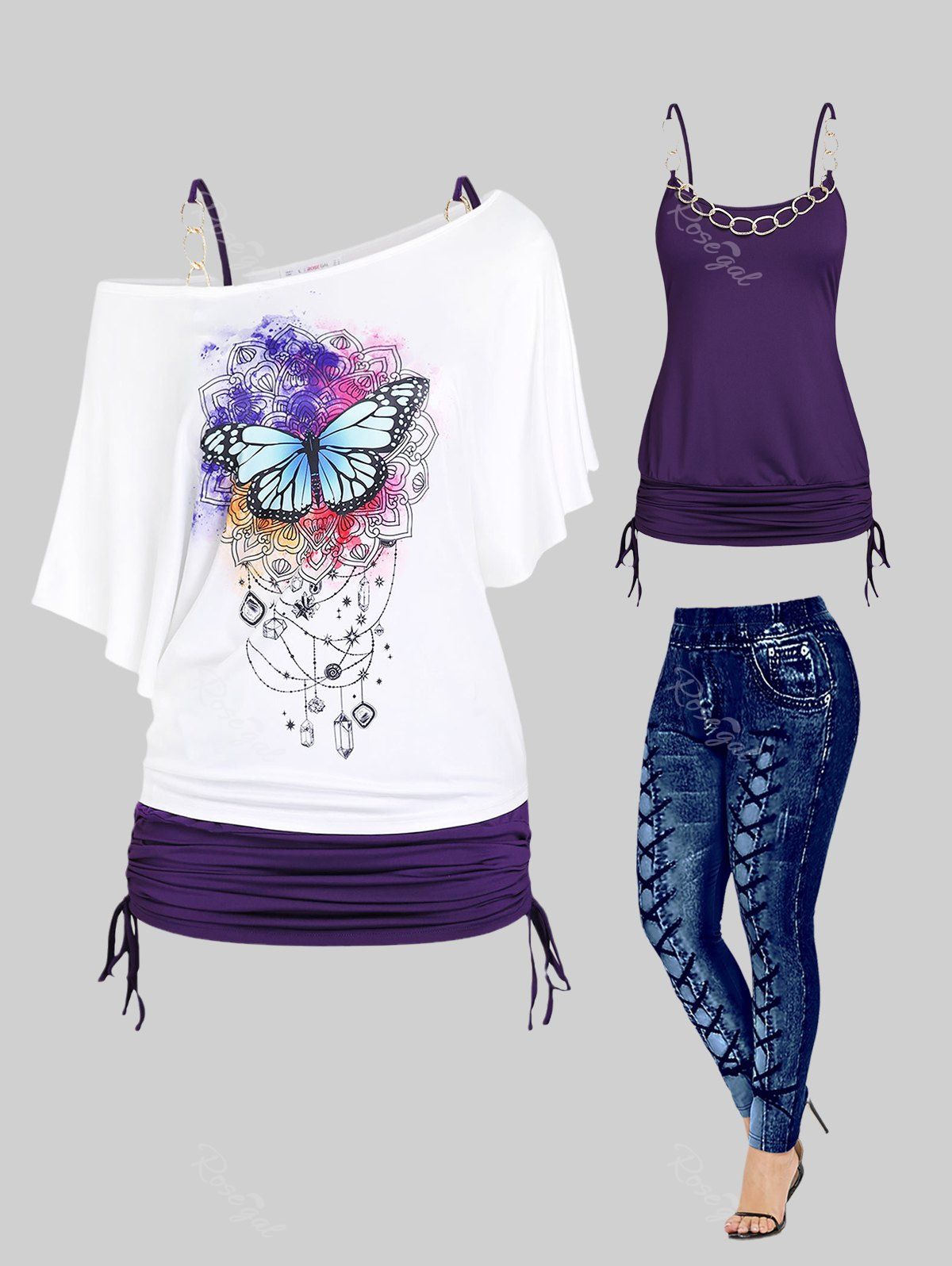 Best Skew Neck Butterfly Print Tee and Cinched Tank Top Set & Skinny Leggings Plus Size Summer Outfit  
