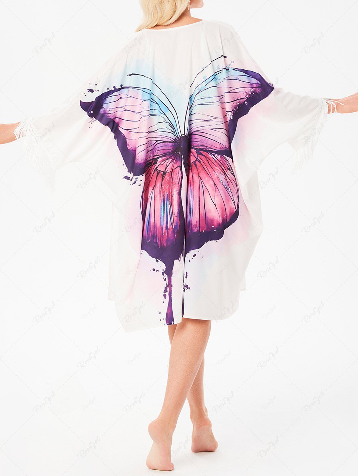 Robe Cache-Maillot à Imprimé Papillon Peinture Ouverte en Avant à Manches Chauve-souris Blanc XXXL