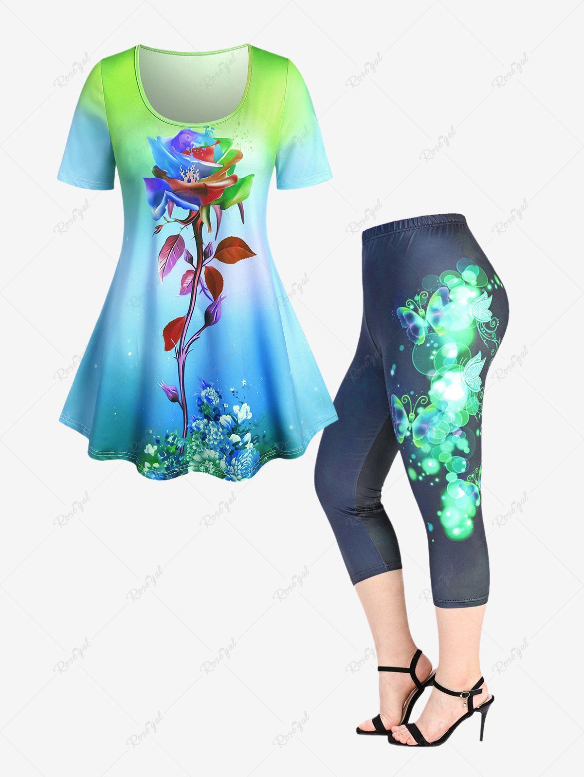 Buy Ombre Color Rose Print Tee and Butterfly Capri Leggings Plus Size Summer Outfit  