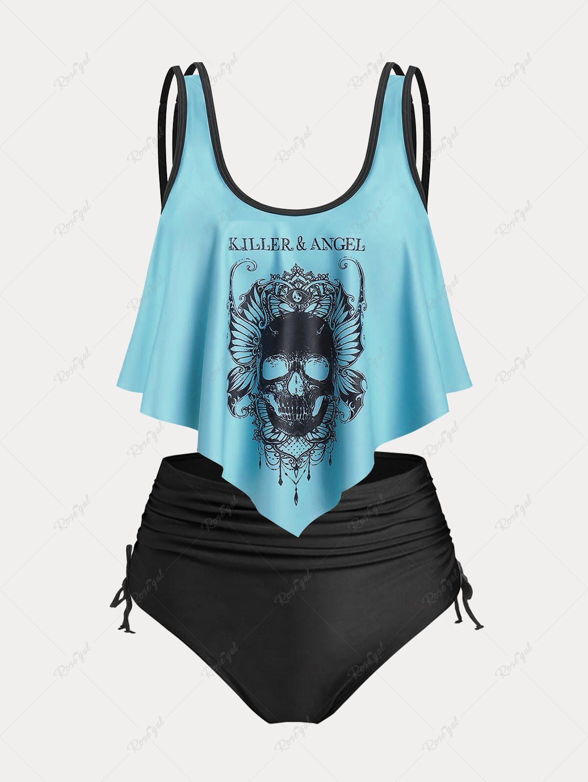 Fashion Plus Size & Curve Gothic Skull Print Ruffled Overlay Tankini Swimwear  