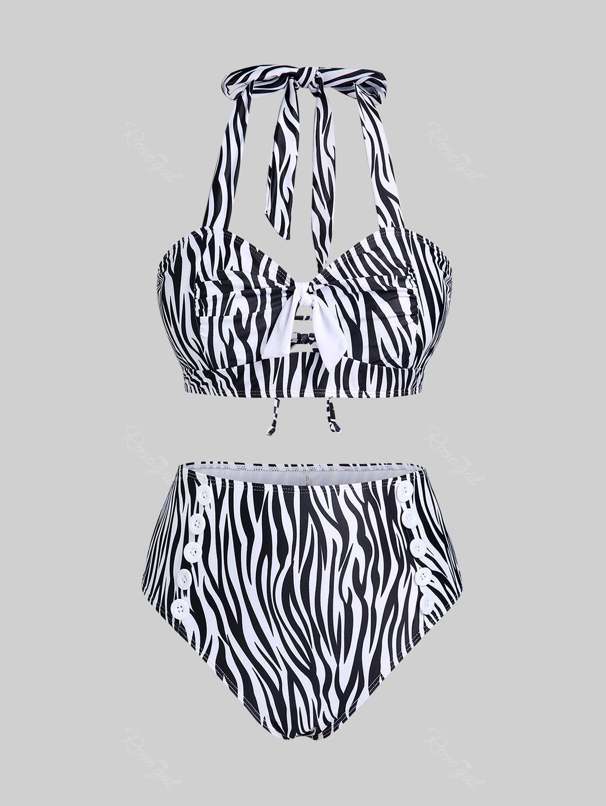Maillot de Bain Bikini Découpé Rayé Zèbre de Grande Taille à Lacets Noir 5X