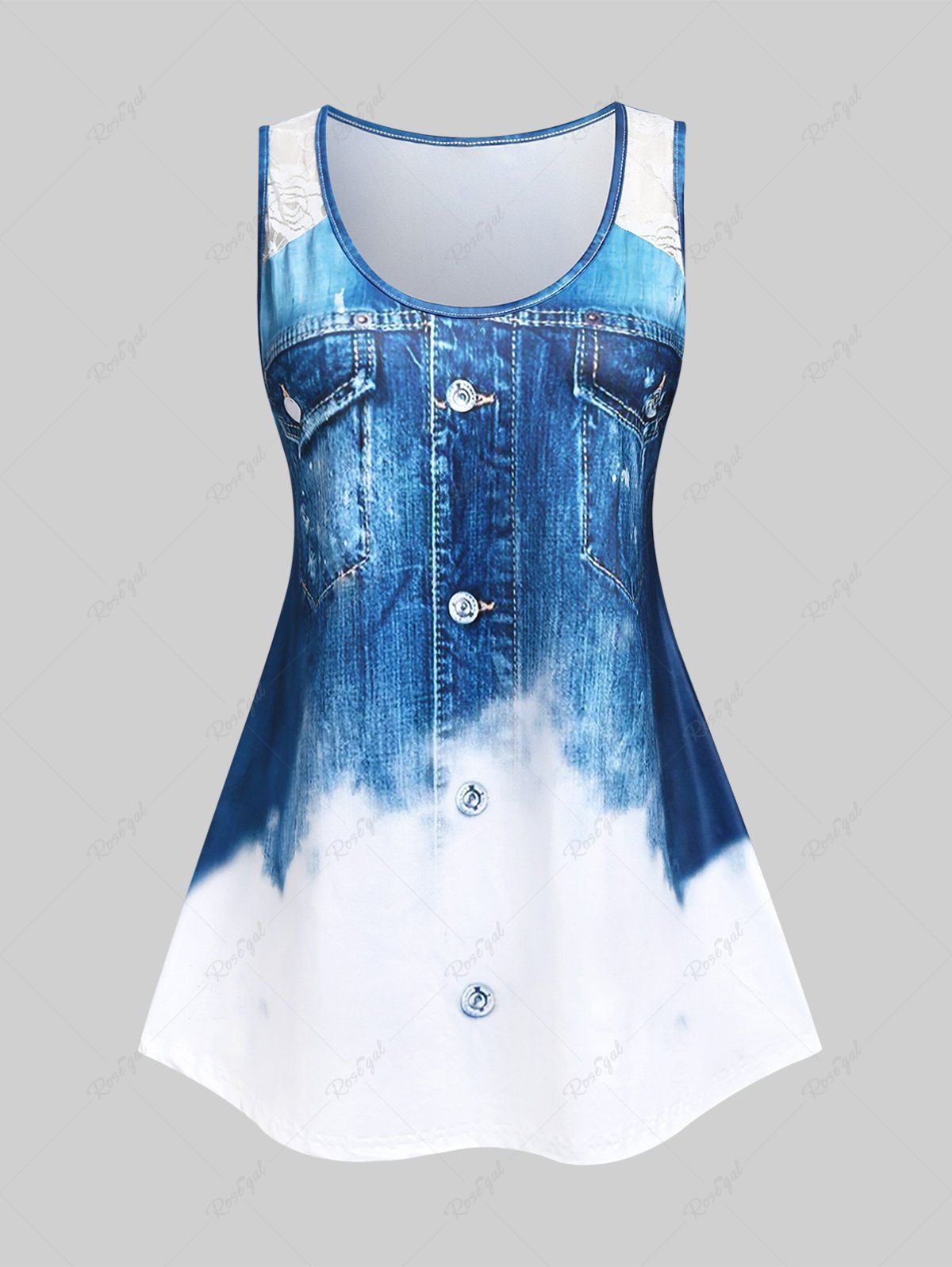 Outfit Plus Size 3D Denim Print Lace Panel Tank Top  
