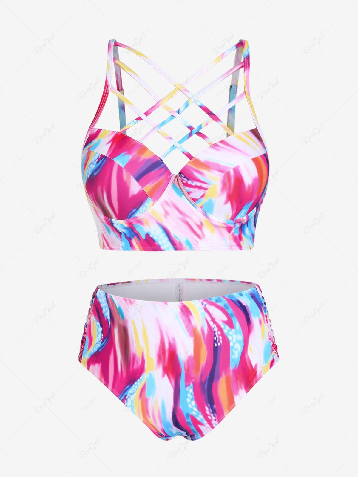 Trendy Plus Size & Curve Underwire Crisscross Swirl Print High Waist Longline Bikini Swimsuit  