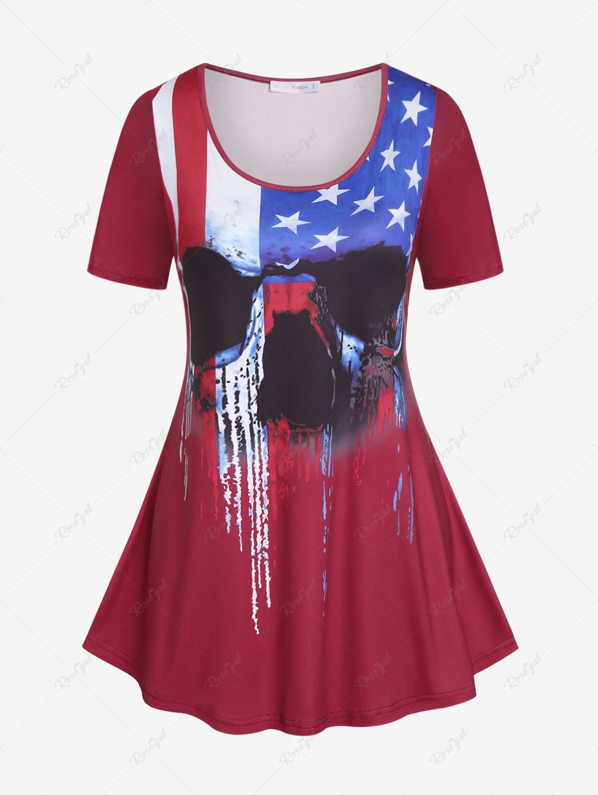 T-shirt Gothique à Imprimé Drapeau Américain Crâne de Grande Taille Rouge 