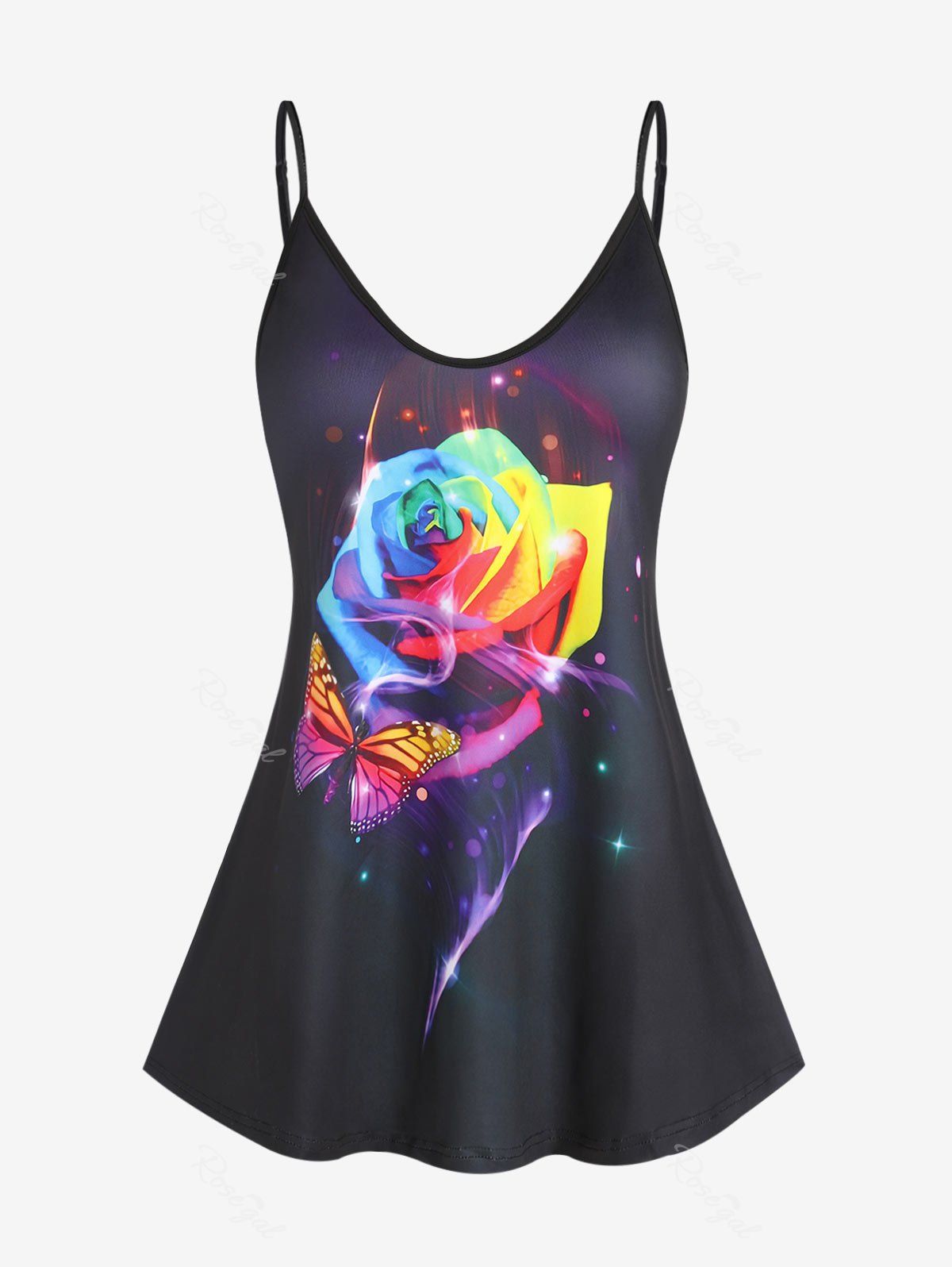 Fancy Plus Size & Curve Rainbow Rose Butterfly Print Cami Top  