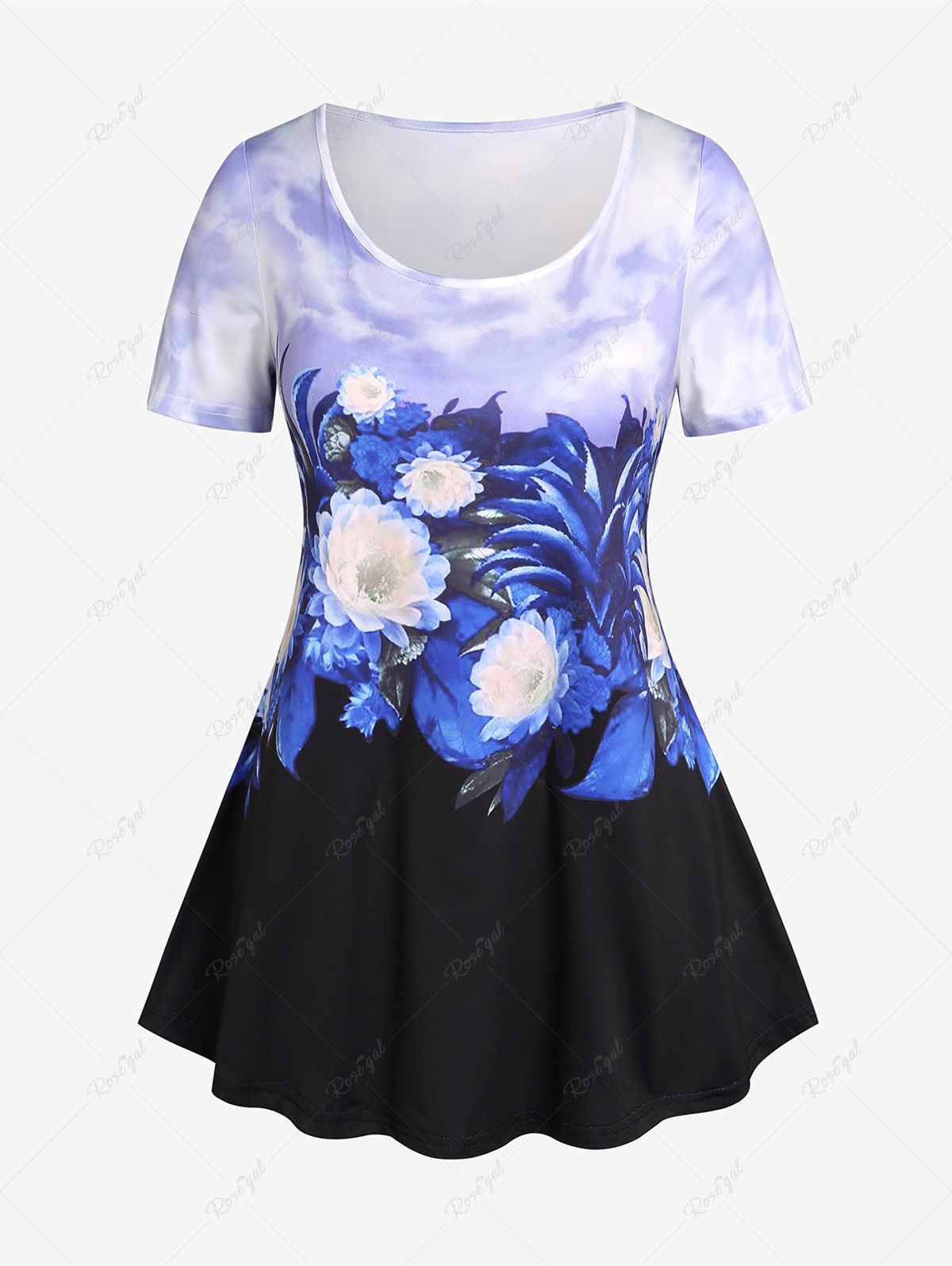Store Plus Size Flower Printed Colorblock Short Sleeves T Shirt  