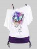 Skew Neck Butterfly Print Tee and Cinched Tank Top Set & Skinny Leggings Plus Size Summer Outfit -  