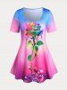 Ombre Color Rose Print Tee and Butterfly Capri Leggings Plus Size Summer Outfit -  
